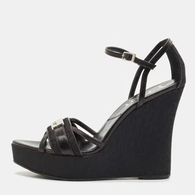 Pre-owned Dior Black Oblique Canvas And Leather Strappy Wedge Sandals Size 36