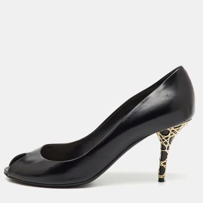 Pre-owned Dior Black Patent Leather Cannage Heel Peep Toe Pumps Size 37.5