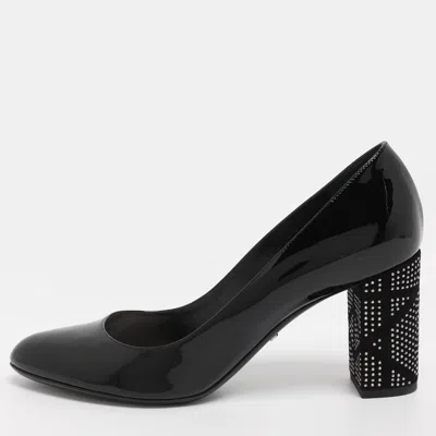 Pre-owned Dior Black Patent Leather Embellished Block Heel Pumps Size 39.5