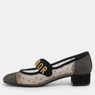 Pre-owned Dior Black Polka Dot Mesh And Suede Baby-d Mary Jane Pumps Size 38