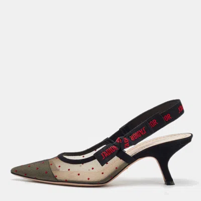 Pre-owned Dior Black Polka Dots Mesh And Suede J'a Pointed Toe Slingback Sandals Size 39