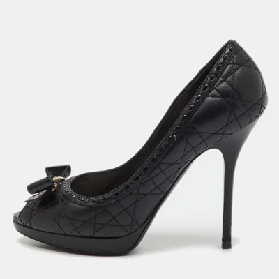 Pre-owned Dior Black Quilted Cannage Leather And Patent Bow Detail Peep Toe Pumps Size 38.5