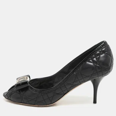 Pre-owned Dior Black Quilted Cannage Leather Bow Detail Peep Tow Pumps Size 36