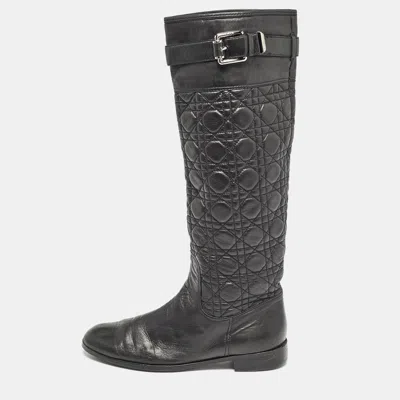 Pre-owned Dior Black Quilted Leather Buckle Detail Knee Length Boots Size 41