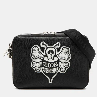 Pre-owned Dior Black Shawn Stussy Grained Calfskin Double Zip Pouch With Strap