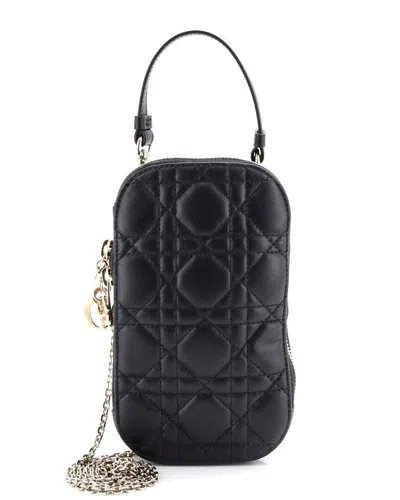Dior Black Sheep Leather Lady  Phone Holder On Chain Cannage Quilt  (authentic Pre-loved)