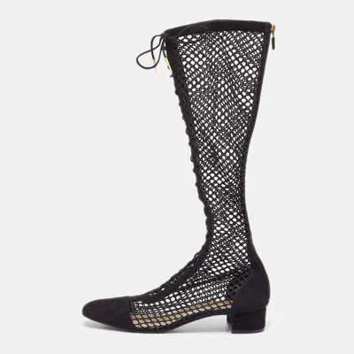 Pre-owned Dior Black Suede And Fishnet Naughtily-d Knee Length Boots Size 42
