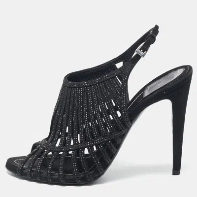 Pre-owned Dior Black Suede Crystal Embellished Ankle Strap Sandals Size 41