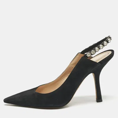 Pre-owned Dior Black Suede Pointed Toe Crystal Embellished Slingback Pumps Size 38