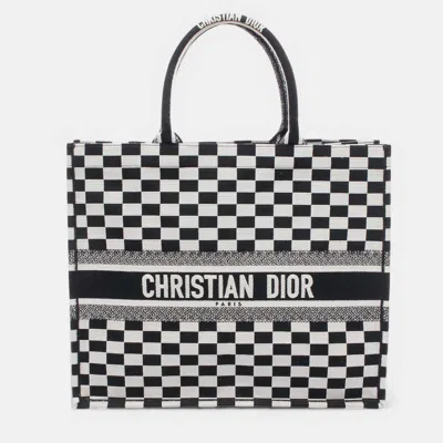 Pre-owned Dior Black White Large Embroidered Canvas Checkered Book Tote