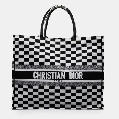 Pre-owned Dior Black White Large Embroidered Canvas Checkered Book Tote