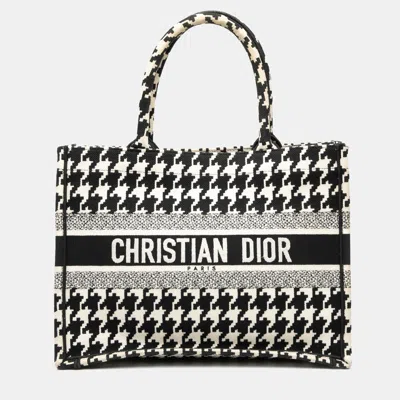 Pre-owned Dior Black White Medium Canvas Houndstooth Embroidered Book Tote