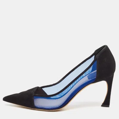Pre-owned Dior Black/blue Mesh And Suede Pointed Toe Pumps Size 37.5