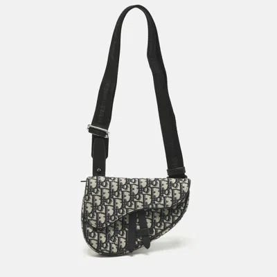 Pre-owned Dior Black/blue Oblique Canvas And Leather Saddle Convertible Belt Bag