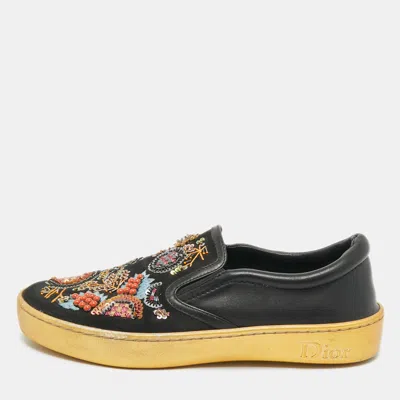 Pre-owned Dior Black/gold Leather And Satin Floral Embellished Slip On Sneaker Size 36.5
