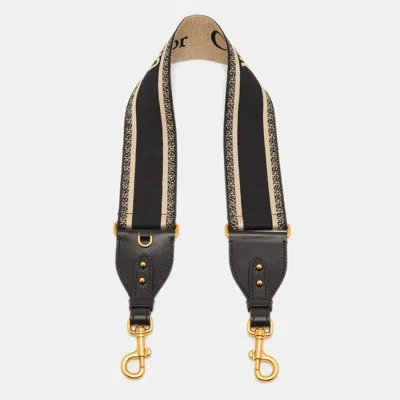 Pre-owned Dior Black/off White Embroidered Canvas And Leather Shoulder Bag Strap
