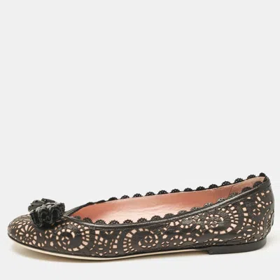 Pre-owned Dior Black/pink Laser Cut Leather Bow Ballet Flats Size 36