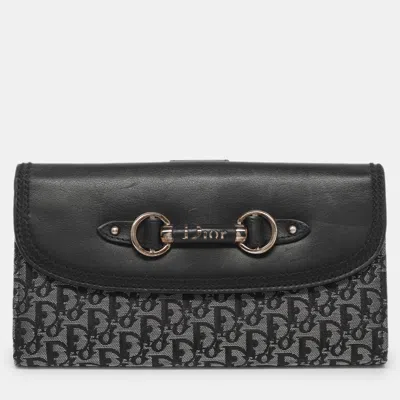 Pre-owned Dior Black/silver Leather And Oblique Nylon French Long Wallet