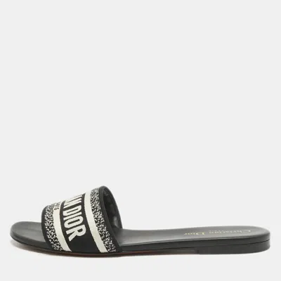 Pre-owned Dior Black/white Embroidered Canvas Dway Flat Slides Size 40.5