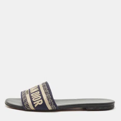 Pre-owned Dior Black/white Embroidered Canvas Dway Flats Slides Size 36.5