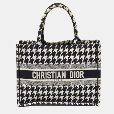 Pre-owned Dior Black/white Embroidered Macro Houndstooth Canvas Medium Book Tote