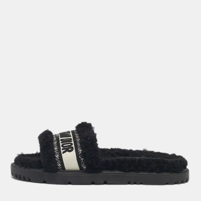 Pre-owned Dior Black/white Shearling Fur Dway Flat Slide Sandals Size 38.5