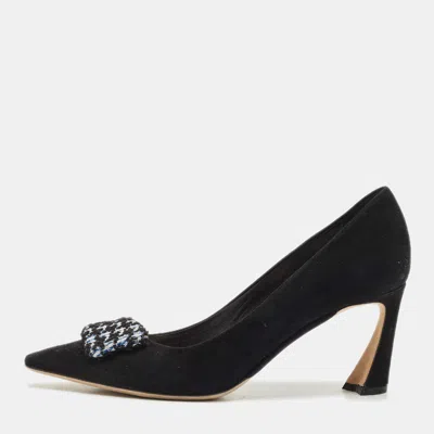 Pre-owned Dior Black/white Suede Houndstooth Buckle Pointed Toe Pumps Size 37.5