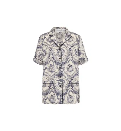 Dior Blue And White Floral Short Sleeve Silk Shirt For Women