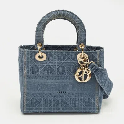 Pre-owned Dior Blue Cannage Embroidered Canvas Medium Lady D-lite Tote