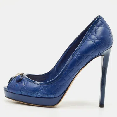 Pre-owned Dior Blue Cannage Leather And Patent Bow Peep Toe Platform Pumps Size 37