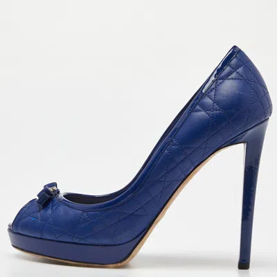 Pre-owned Dior Blue Cannage Leather And Patent Bow Peep Toe Platform Pumps Size 38.5