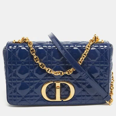 Pre-owned Dior Blue Cannage Patent Leather Medium Caro Shoulder Bag