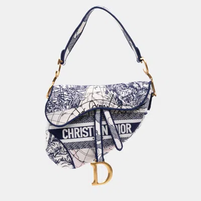 Pre-owned Dior Blue Canvas Embroidered Around The World Saddle Bag