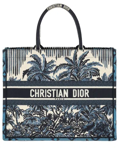 DIOR DIOR BLUE CANVAS EMBROIDERED PALM TREE TOILE DE JOUY LARGE BOOK TOTE  (AUTHENTIC PRE-LOVED)