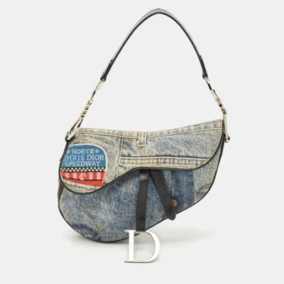 Pre-owned Dior Blue Denim And Patent Leather Speedway Saddle Bag