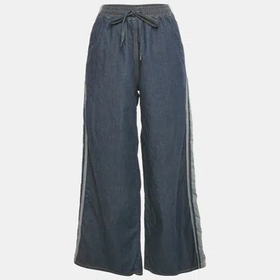 Pre-owned Dior Blue Denim Logo Panel Trimmed Wide Leg Pants S