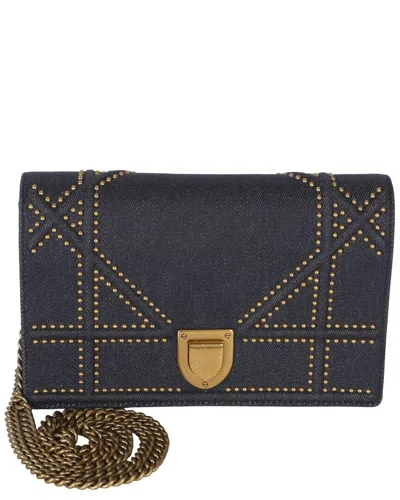 Dior Blue Denim Studded Ama Wallet On Chain (authentic Pre-loved) In Black