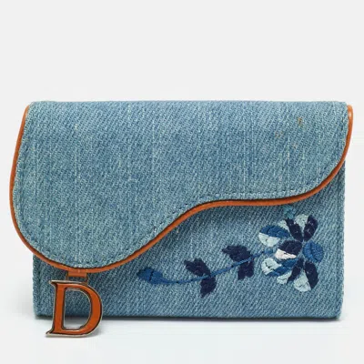 Pre-owned Dior Blue Embroidered Denim Saddle Key Pouch