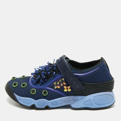 Pre-owned Dior Blue Fabric Embellished Fusion Sneakers Size 38