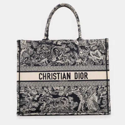 Pre-owned Dior Blue Large Canvas Toile De Jouy Reverse Embroidered Book Tote