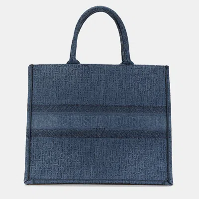 Pre-owned Dior Blue Large Oblique Denim Book Tote