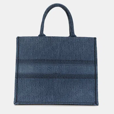 Pre-owned Dior Blue Large Oblique Denim Book Tote