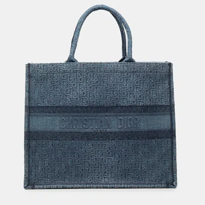 Pre-owned Dior Blue Large Oblique Denim Book Tote