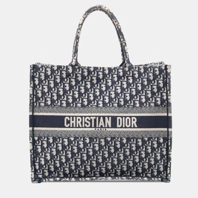 Pre-owned Dior Blue Large Oblique Embroidered Canvas Book Tote