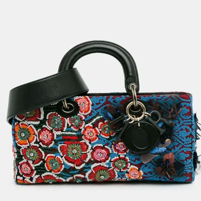 Pre-owned Dior Blue Medium Beaded Ribbon Embroidered Floral Lady D Joy