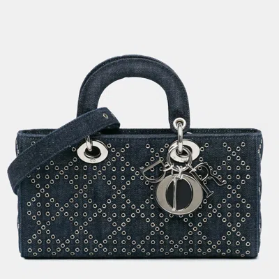 Pre-owned Dior Blue Medium Denim Cannage Eyelet Lady D Joy
