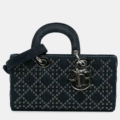 Pre-owned Dior Blue Medium Denim Cannage Eyelet Lady D Joy