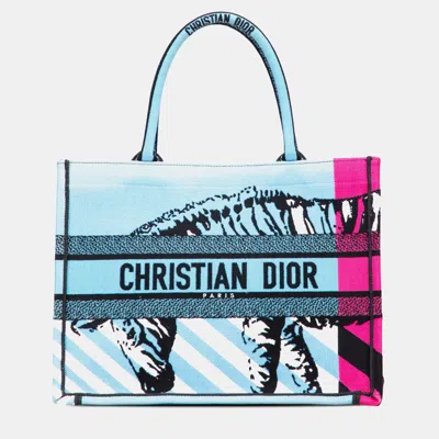 Pre-owned Dior Blue Medium Embroidered Canvas Zebra D Jungle Pop Book Tote