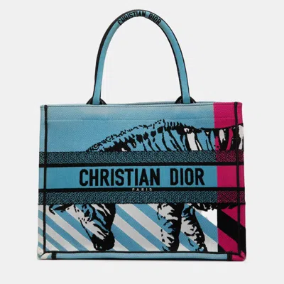 Pre-owned Dior Blue Medium Embroidered Canvas Zebra D Jungle Pop Book Tote