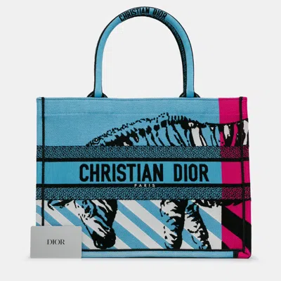 Pre-owned Dior Blue Medium Embroidered Canvas Zebra D Jungle Pop Book Tote